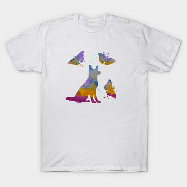 German Shepherd Art, Colorful Dog And Butterflies T-Shirt by BittenByErmines